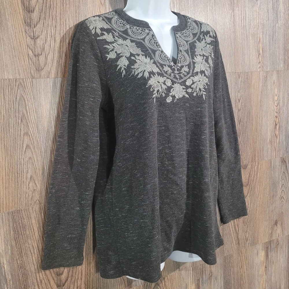 J Jill Embroidered Knit Tunic Top Sz XS Gray Split Neck Boho Neutral Long Slv - Picture 2 of 12